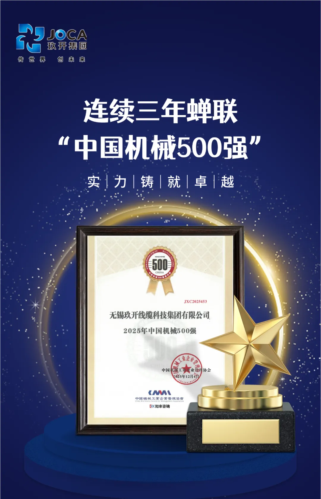 玖開集（jí）團連續三年榮登“中國機械500強” 綜（zōng）合實力（lì）再獲權威認可